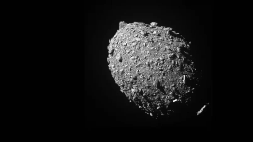 Dimorphos imaged by the Dart probe just moments before the crash